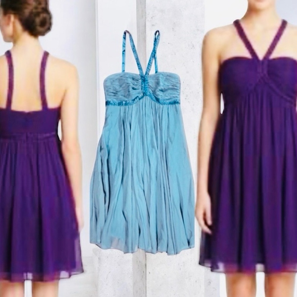 BCBG Maxazrai 💯%Silk Navy Blue Spaghetti Strap Pleated Dress Size 12